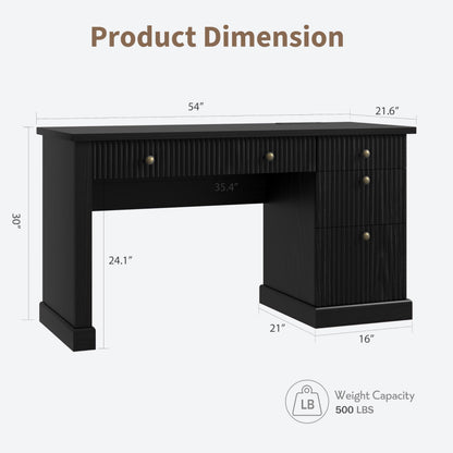 IDEALHOUSE Modern 54" Executive Office Desk with Fluted Details & Charging Station - Wooden Computer Desk with File Drawers, Home Office Storage Desk for Study, Living Room or Bedroom, Black