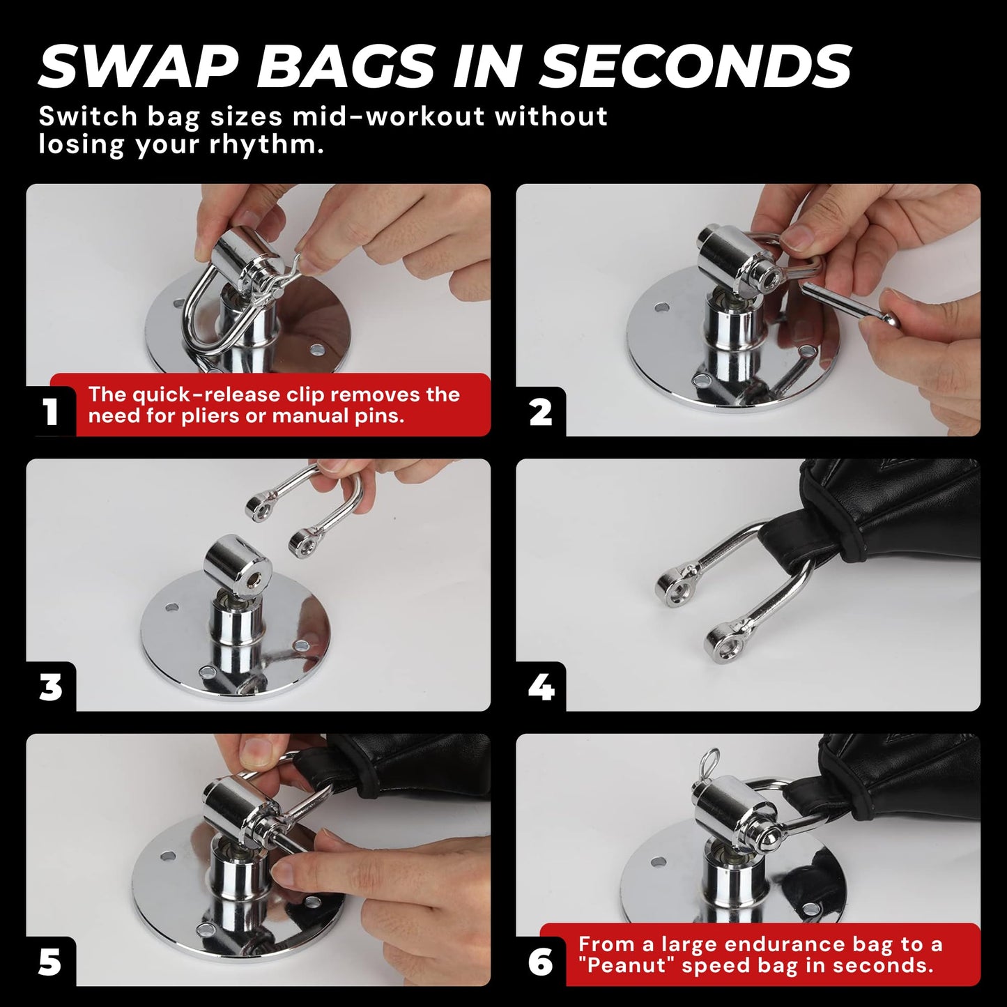 Boxerpoint Stainless Steel Speed Bag Swivel Kit - Professional Universal 4-Bolt Base Speedbag Mount Hardware Set - 360° Smooth Rotation Hanger Boxing Equipment for Home Gym Fitness Enthusiasts