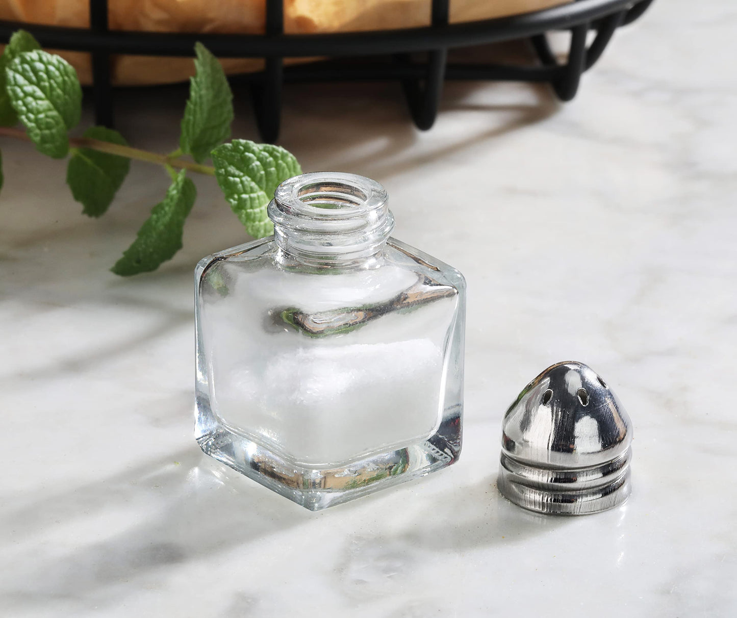 New Star Foodservice Glass Cube Mini Salt and Pepper Shaker with Stainless Steel Top, 0.5-Ounce, Set of 48