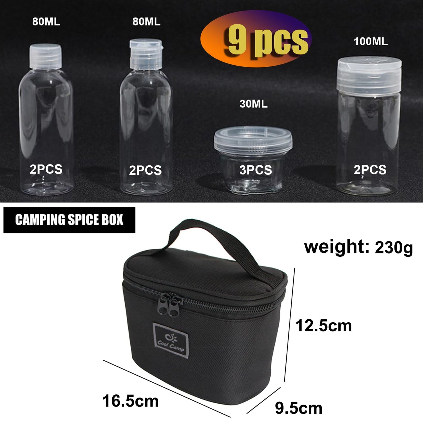Joyeee Travel Spice Bottle Kit, Camping Portable Compact Sauce Containers with 9 Seasoning Bottles Jar for Salt Sugar Dry Herb Spice, Great for Home or Outdoor Use