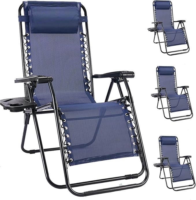 NEWBULIG Zero Gravity Chair Set of 4, Lounge Chair Folding Portable Adjustable Camping Reclining Chairs with Adjustable Pollow, Mesh Back, Cup Holder Trays Lawn Patio Chair for Pool Beach - Blue