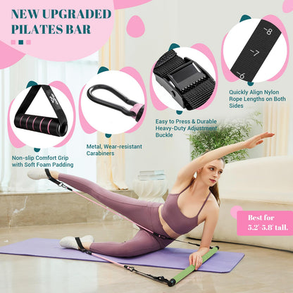 Pilates Bar Kit with Resistance Bands, Multifunctional Yoga Pilates Bar with Heavy-Duty Metal Adjustment Buckle, Portable Home Gym Pilates Resistance Bar Kit for Women Full Body Workouts