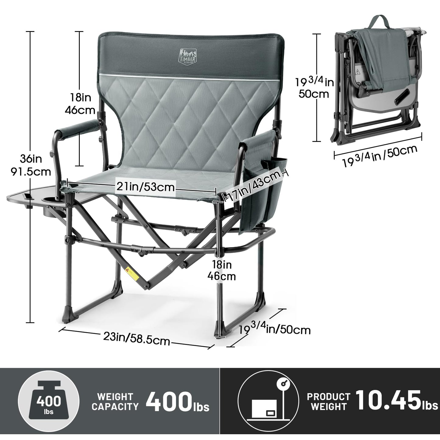 TIMBER RIDGE Aluminum Camping Directors Chair with Side Table Pocket, Portable Folding Chair, Heavy Duty Lawn Chair for Fishing Trip Picnic Concert Outdoor 400lbs, Grey