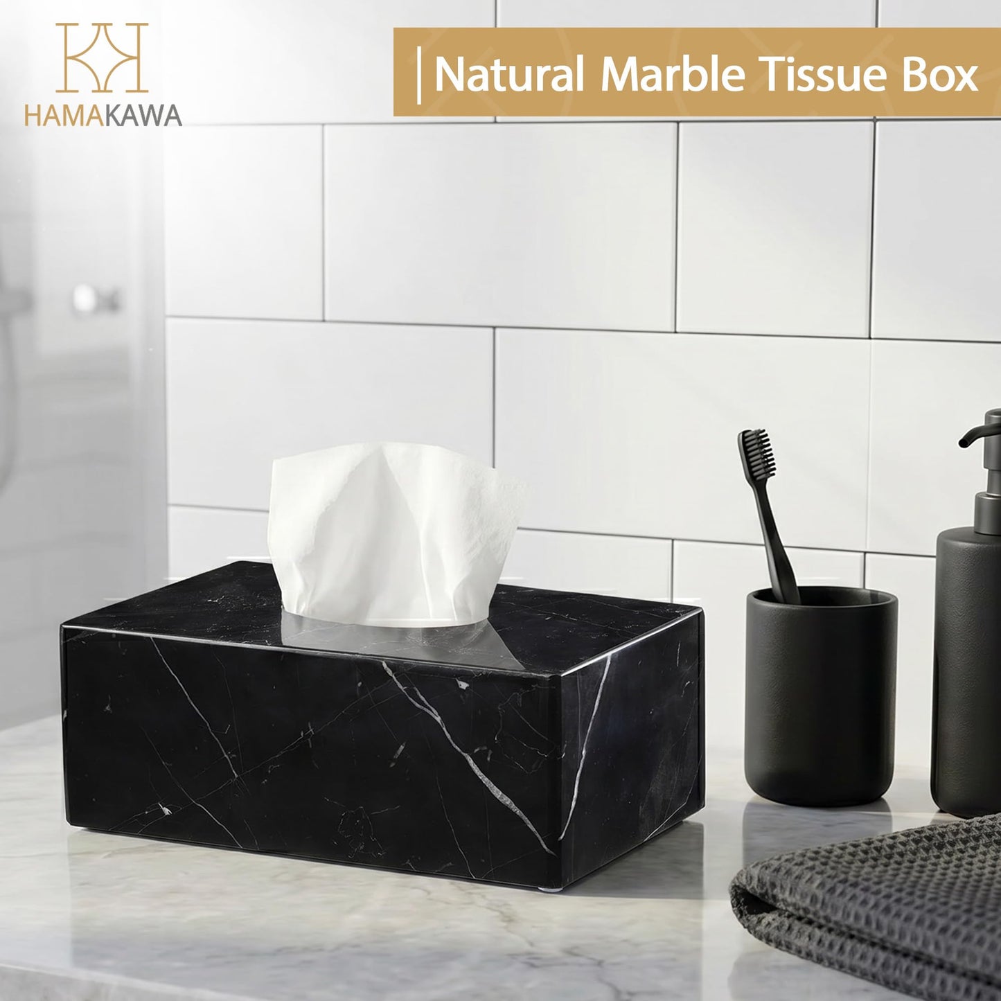 HAMAKAWA Natural Marble Tissue Box Cover, Black Tissue Organizer 10 x 5.5 x 3.9 inch, Heavy Stone Decorative Box, Rectangle Tissue Box Holder for Home Decor, Kitchen, Bathroom, Bedroom