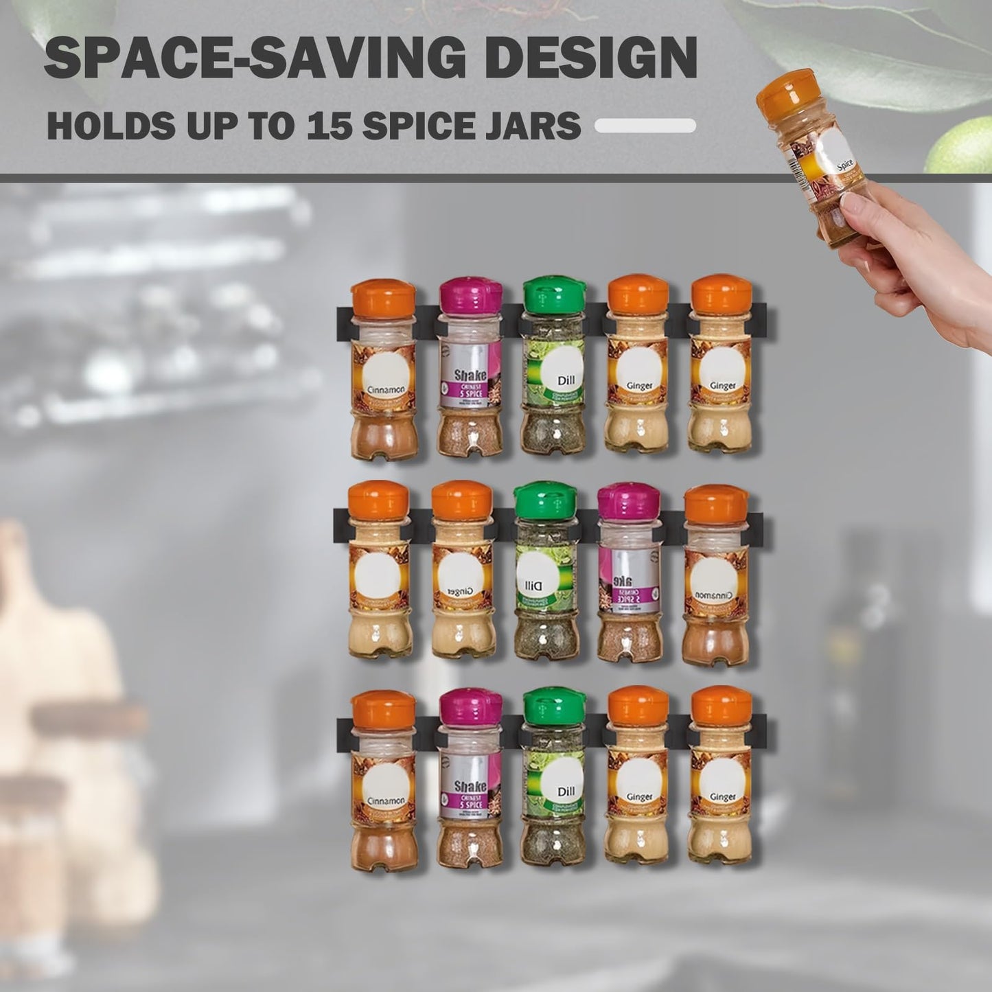 Adhesive Spice Clips 3-Pack, Heavy-Duty Spice Organizer for Cabinet Doors, Pantry & RV, Space-Saving Kitchen Storage with Tape, Holds 15 Jars (Black)