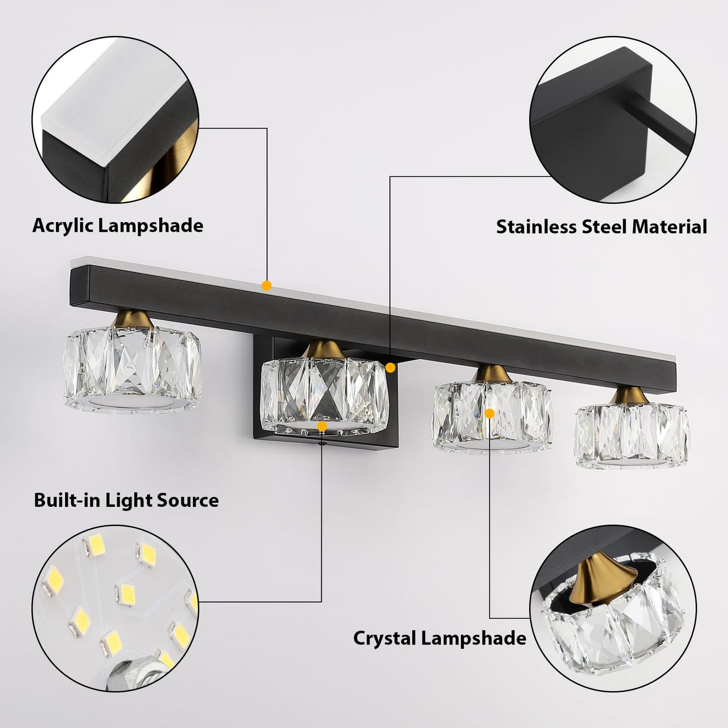 BrkNit Black Crystal Bathroom Vanity Light Fixtures Over Mirror for Bathroom Lighting (4 Lights)