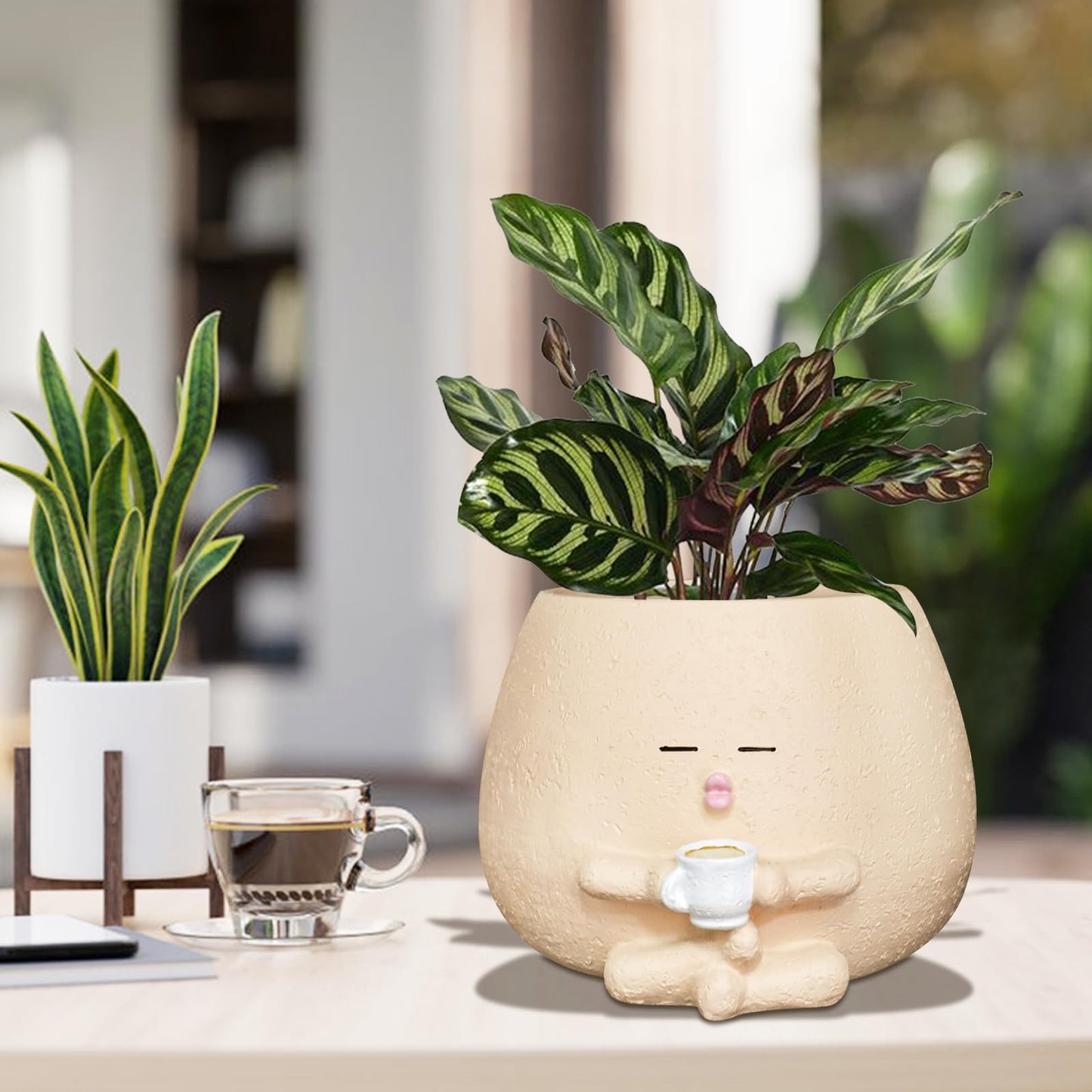 Toparad Smily Face Planter Pot with Coffee Cup Cute Resin Flower Head Planters for Indoor Outdoor Unique Sit Succulent Pots with Drainage Hole Gift IdeaI for Mother Christmas (Khaki)