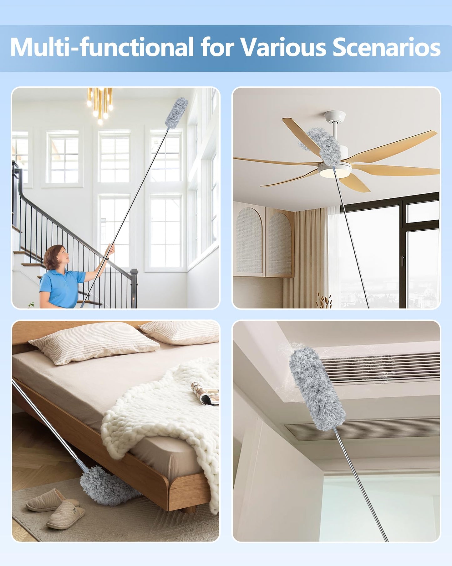 Fogray Extendable Feather Duster Kit - Long Handled 100" Telescopic Pole and Soft Silicone Cap, Bendable Washable Heads for Cleaning Cobwebs, High Ceiling Fans, Roof, Furniture & Cars(5Pcs-Grey)
