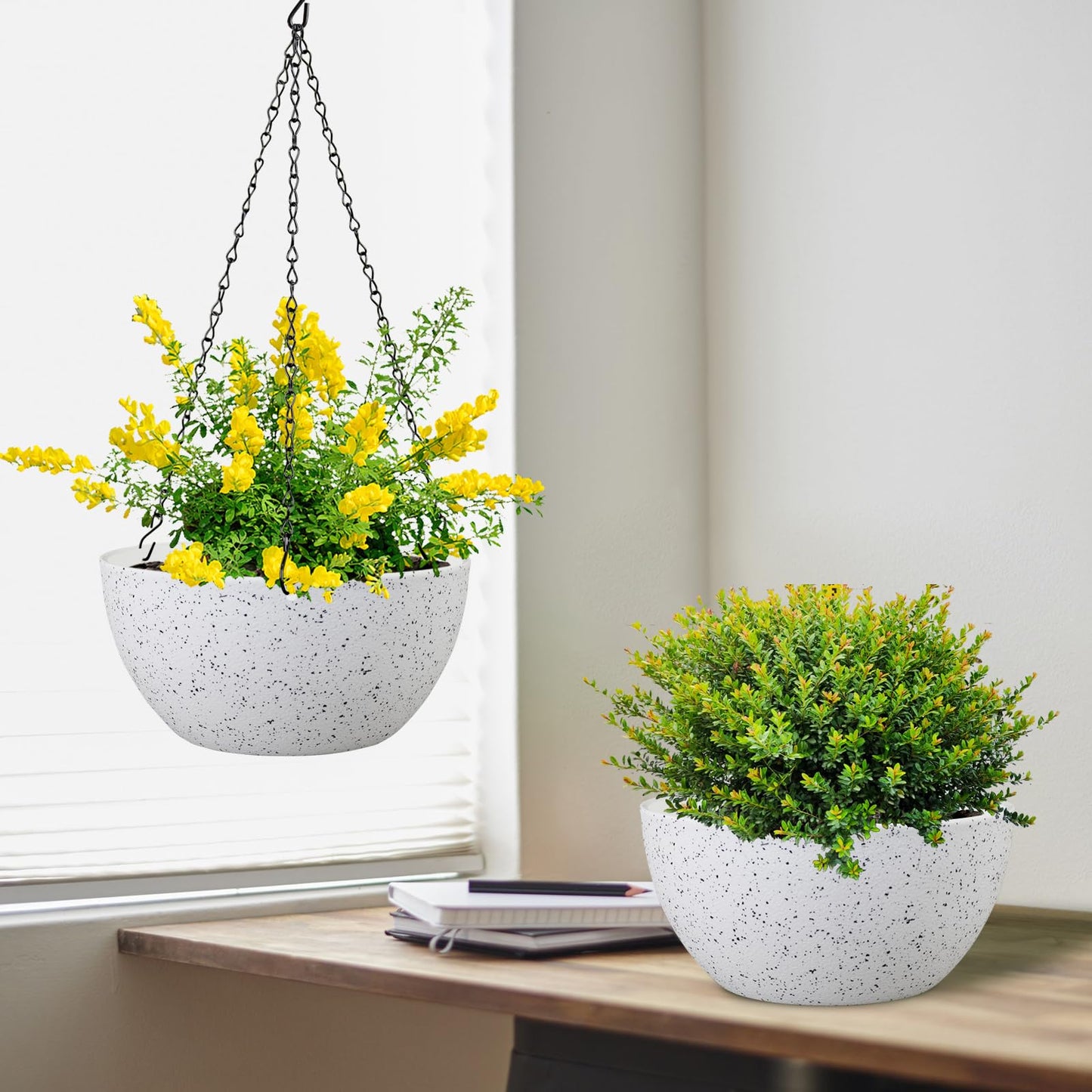 Meowell 8 inch Hanging Planters for Small Indoor Outdoor Plants, 2 Pack Hanging Flower Pots with Drainage Holes and Chain for Garden Porch, Plastic Hanging Baskets for House Plants, Speckled White
