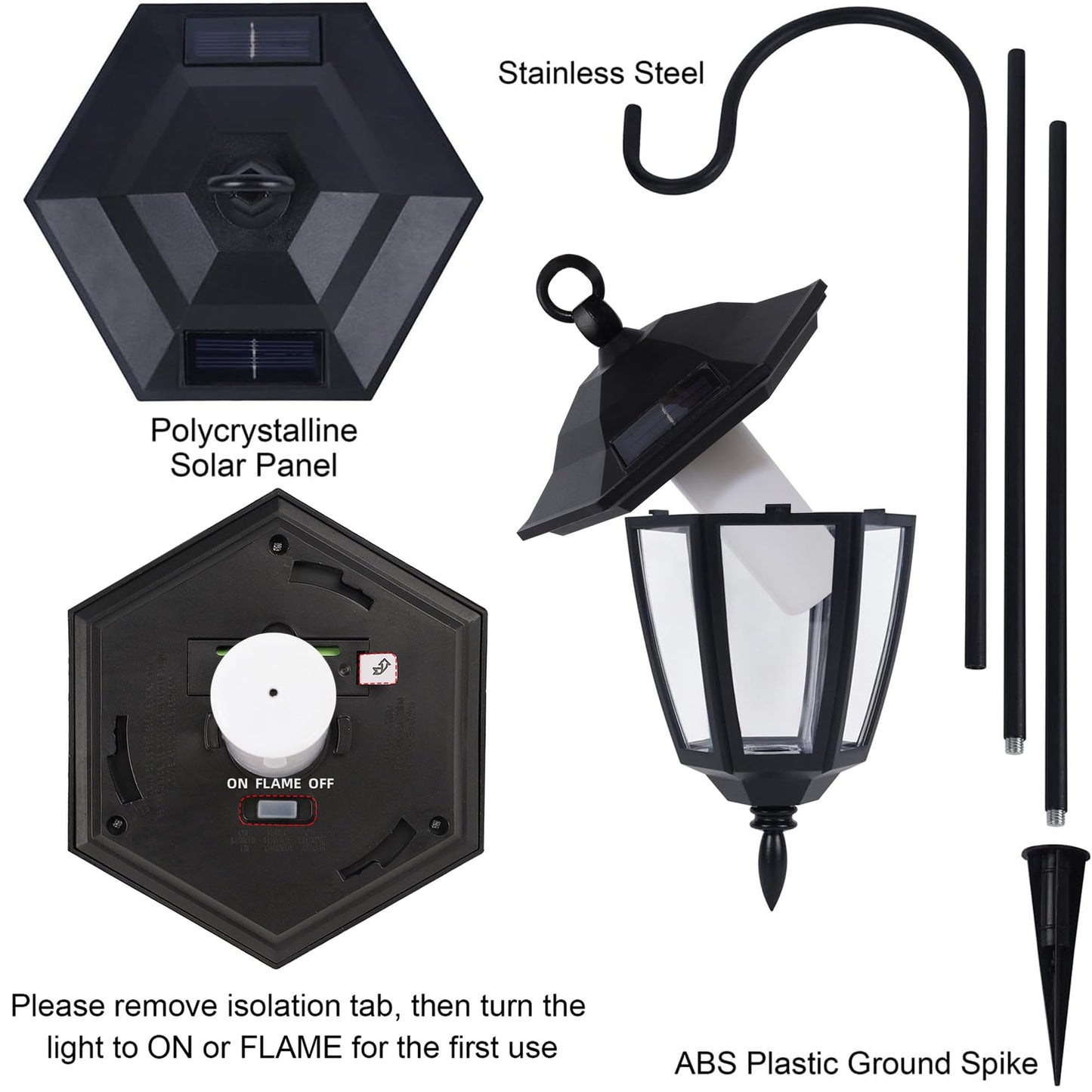 Dynaming 6 Pack Solar Flame Hanging Lights Outdoor, Halloween Solar Flickering Flame LED Garden Lanterns with 6 x 38 Inch Shepherd Hooks, Christmas Lighting for Lawn Patio Yard Pathway Driveway