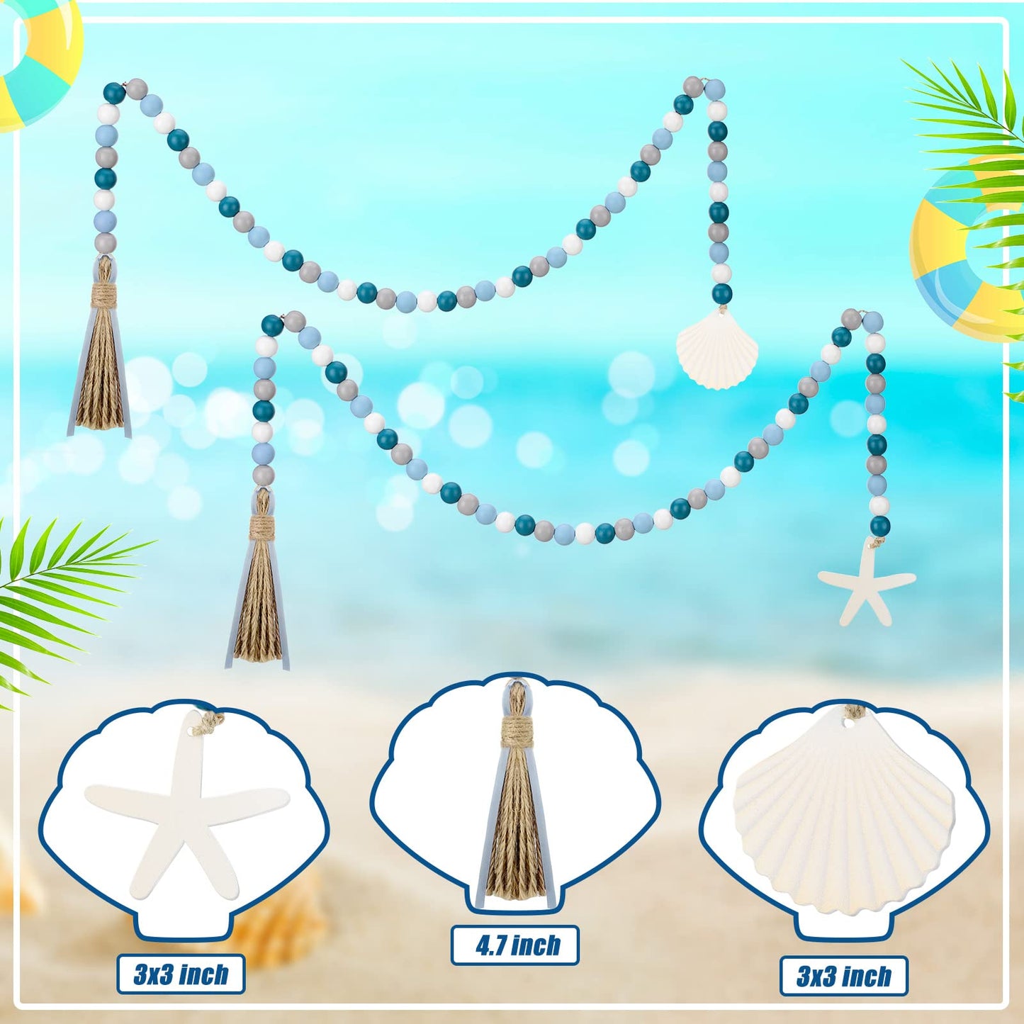 Janinka 2 Pcs Farmhouse Seashell Bead Garland with Tassels Decorative Beads Decor Nautical Farmhouse Tiered Tray Decorations Set Coastal Garland for Home and Kitchen, Wooden Beads(White)
