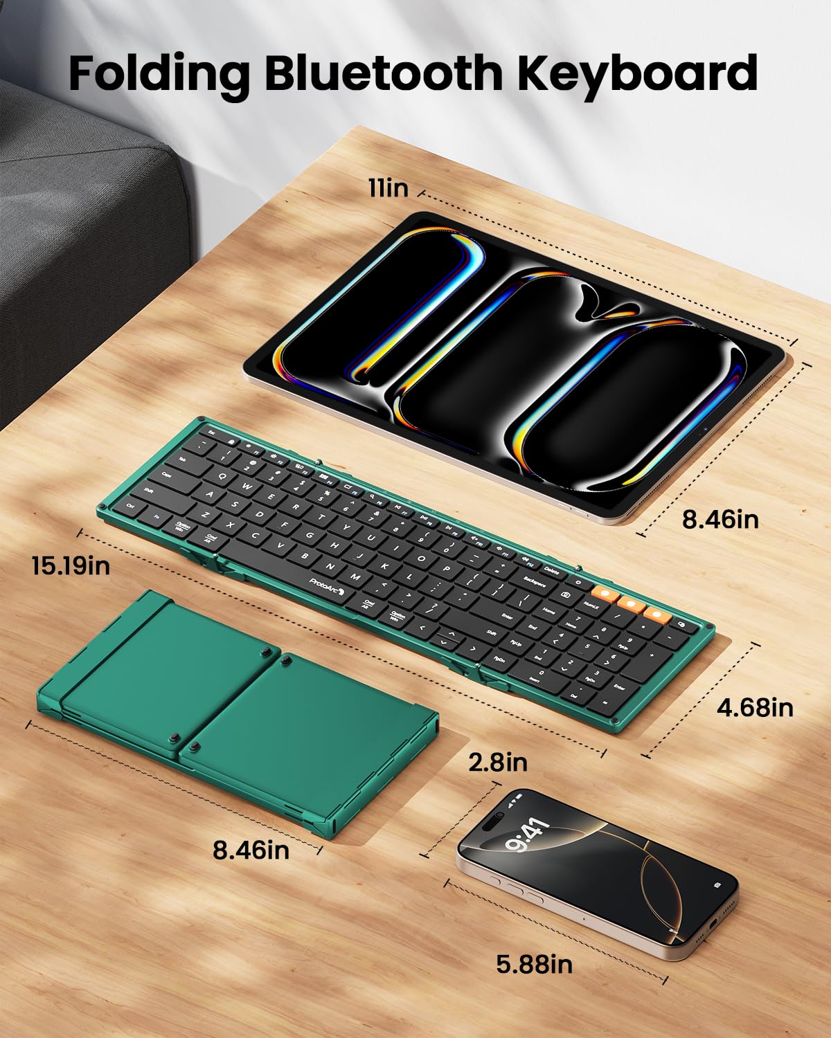 ProtoArc Foldable Bluetooth Keyboard, XK01 Folding Wireless Portable Keyboard with Numeric Keypad, Full-Size Travel Keyboards for iPad Tablet Smartphone Laptop PC Windows iOS Android, Black