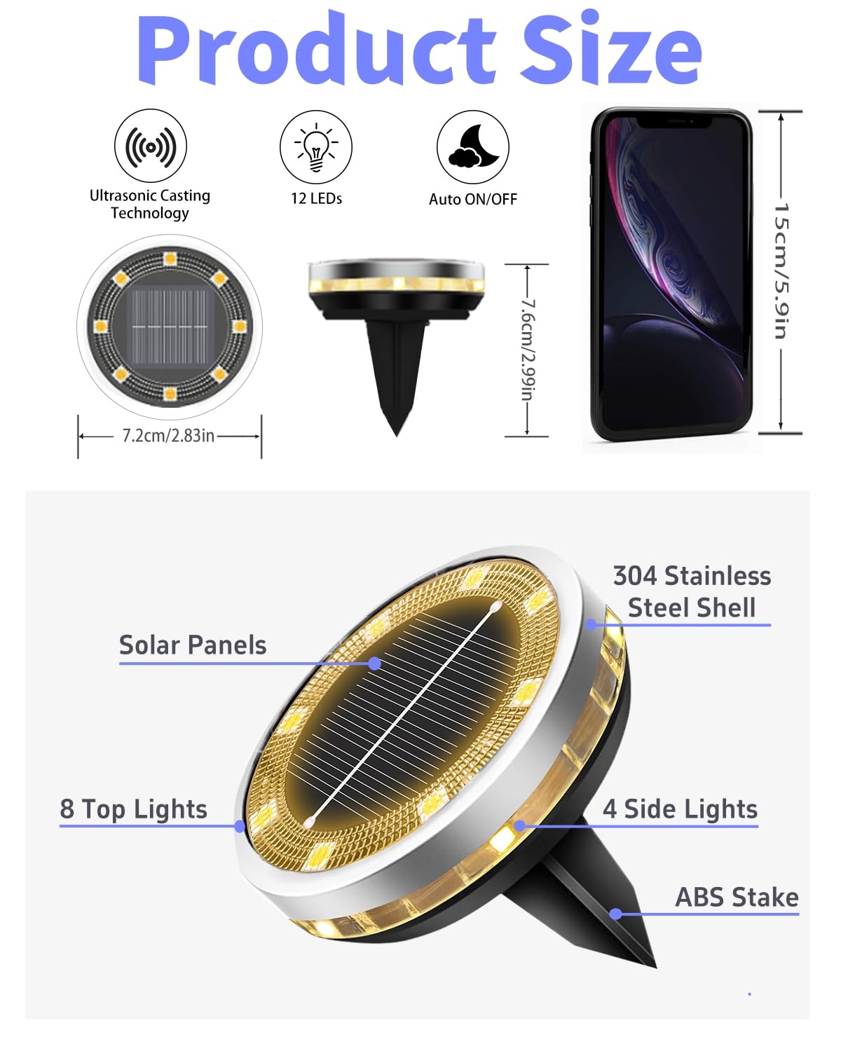 Solar Ground Lights Outdoor 12 Pack Waterproof, Upgraded Solar Garden Lights with 4 Side Light, Stainless Steel Solar Powered Disc Landscape Light for Walkway Pathway Lawn Yard Patio Deck-Warm White