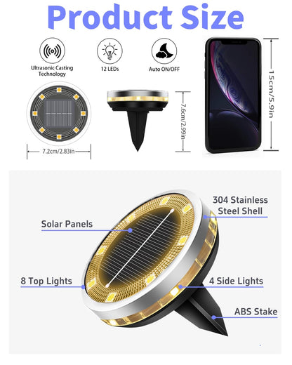 Solar Ground Lights Outdoor 12 Pack Waterproof, Upgraded Solar Garden Lights with 4 Side Light, Stainless Steel Solar Powered Disc Landscape Light for Walkway Pathway Lawn Yard Patio Deck-Warm White