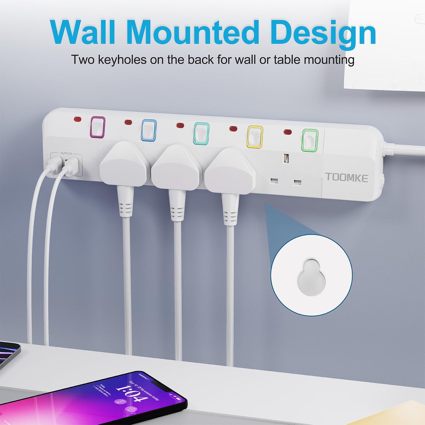 Extension Lead with USB Slots, Toomke 4 Way Plug Extension Socket with 2 USB-A and 1 USB-C, Mountable Power Strip with Individual Switches, UK Plug Socket 1.5m Extension Cord 13A 3250W