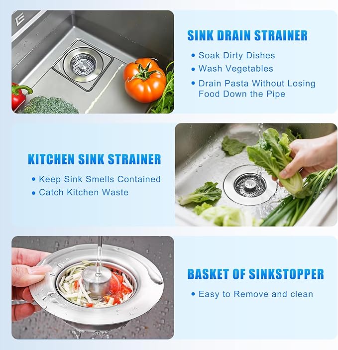 Kitchen Sink Drain Strainer 3-in-1, Pop-Up Stopper & Anti-Clogging Basket