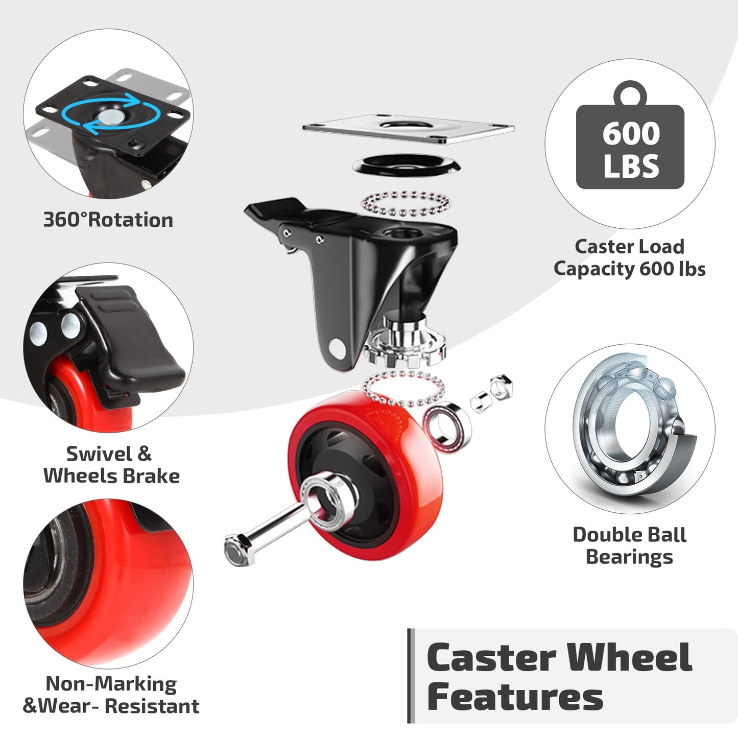 Nefish 2 Inch Casters Set of 4, Heavy Duty Top Plate Caster Wheels with Brake 600 Lbs, Dual Locking Furniture Castors, 360 Degree Swivel Casters, No Noise Polyurethane Wheels for Cabinet, Furniture