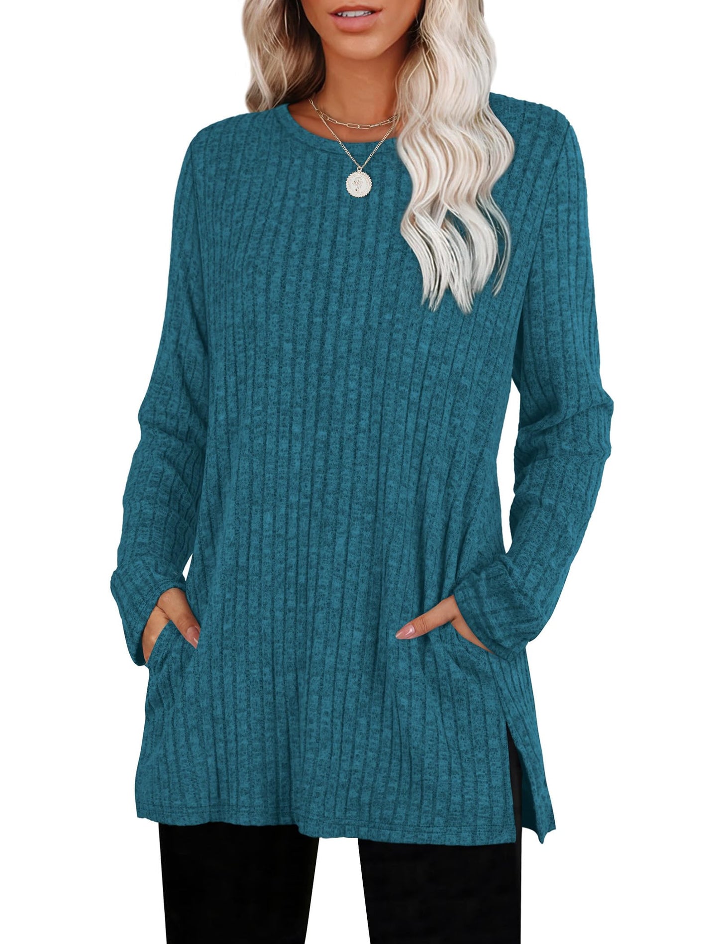 SAMPEEL Womens Sweaters Crewneck Long Sleeve Shirts with Pockets Fall Outfits 2025 Fashion Winter Clothing Side Slit
