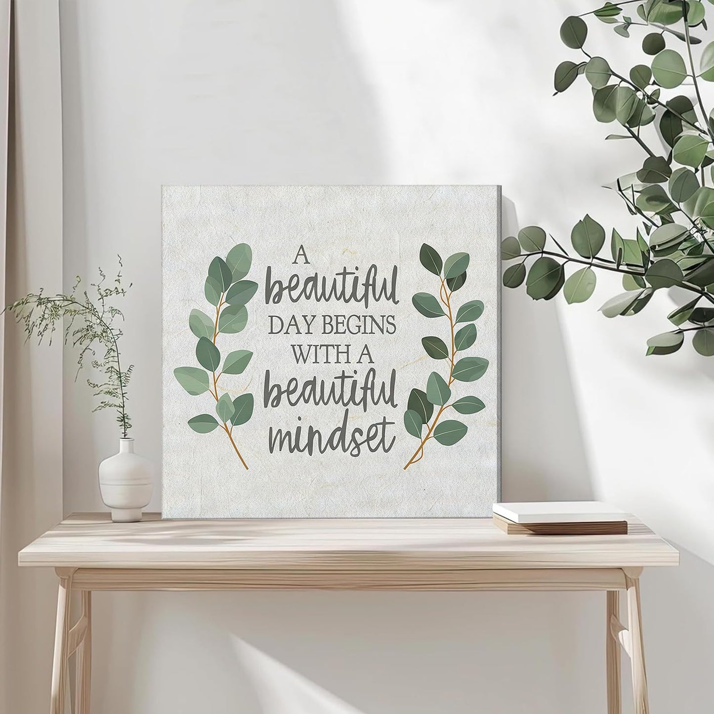 Framed Inspirational Wall Art Minimalist Eucalyptus Wall Decor Motivational Positive Quotes Canvas Posters Prints Green Botanical Pictures for Office Living Room Bedroom Decoration (12"x12")