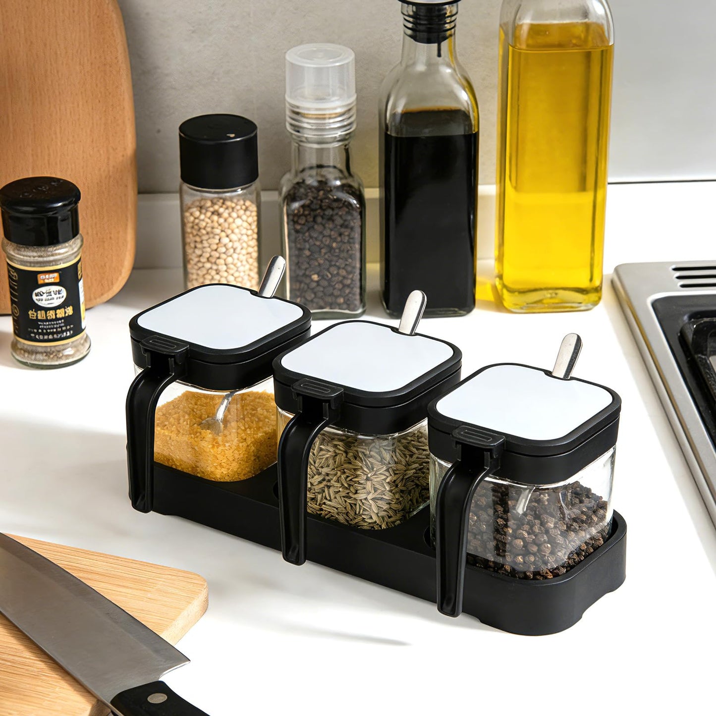JBESUHI Set of 3 Black 8.6oz Clear Glass Condiment Jars with Lids & Spoons - Spice Canisters, Salt & Sugar Bowls for Kitchen Seasoning Storage