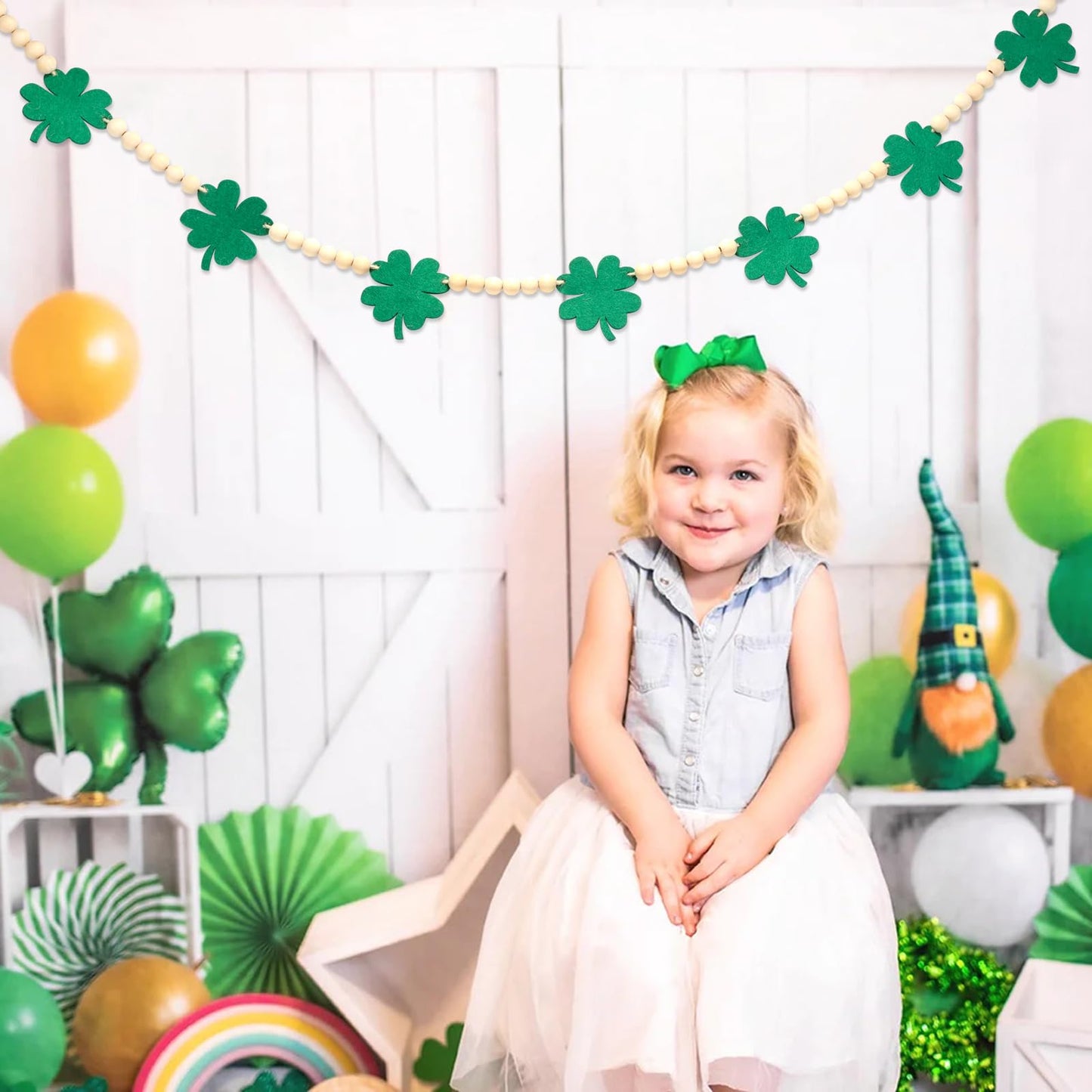 St. Patrick's Day Decorations, Felt Shamrocks Wood Bead Garland Banner for St. Patrick's Day Decor