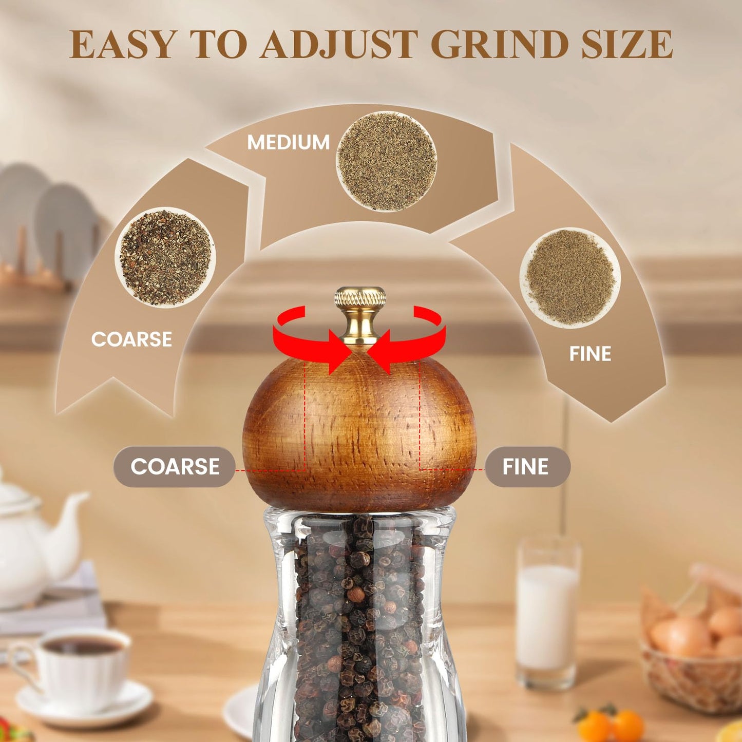 Wood Salt and Pepper Grinder, Manual Salt Grinder and Pepper Mill Refillable, Wooden Shakers with Adjustable Ceramic Grinders - 6 inches, 2 Pack