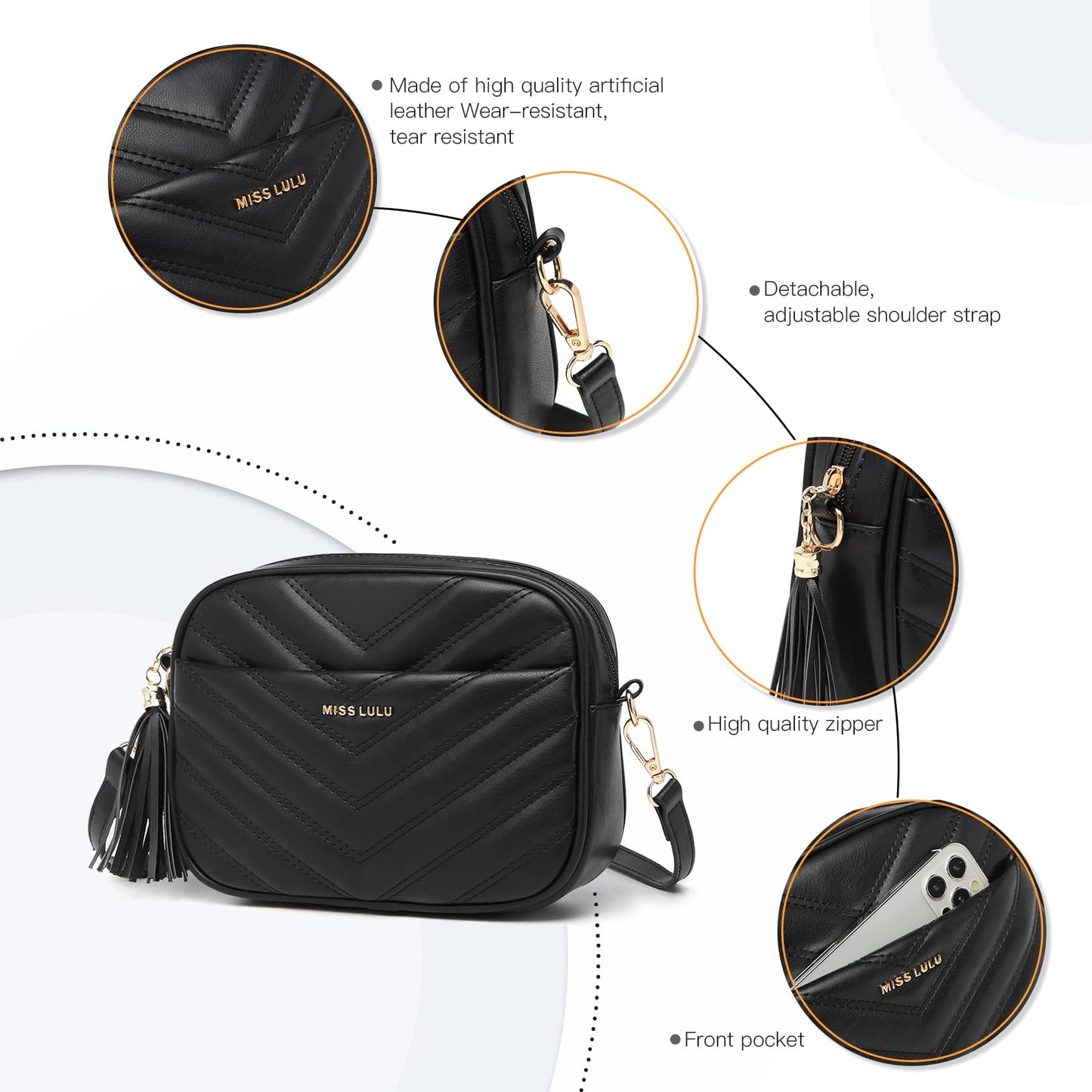 Miss Lulu Women's Small Black Crossbody Shoulder Bag with Adjustable Strap - PU Leather, V-Shaped Pattern & Tassel Detail