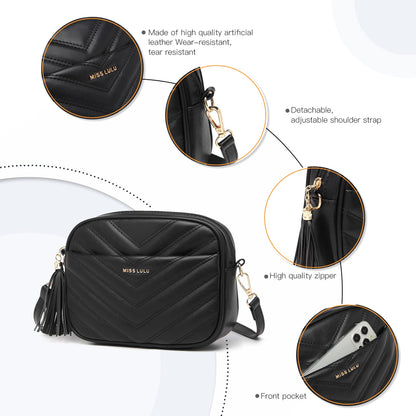 Miss Lulu Women's Small Black Crossbody Shoulder Bag with Adjustable Strap - PU Leather, V-Shaped Pattern & Tassel Detail
