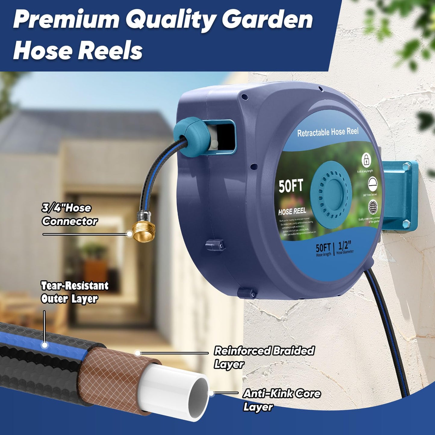 Tuzoc Retractable Garden Hose, Heavy Duty Wall-Mounted Hose Reel with 180° Swivel Bracket, Automatic Slow Return System with 10 Function Nozzle, Any Length Lock for outside Watering,Cleaning（50ft）