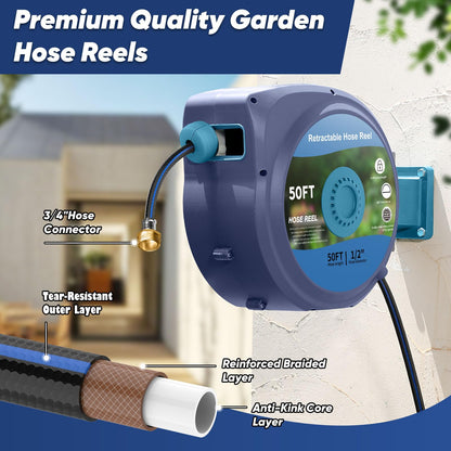 Tuzoc Retractable Garden Hose, Heavy Duty Wall-Mounted Hose Reel with 180° Swivel Bracket, Automatic Slow Return System with 10 Function Nozzle, Any Length Lock for outside Watering,Cleaning（50ft）
