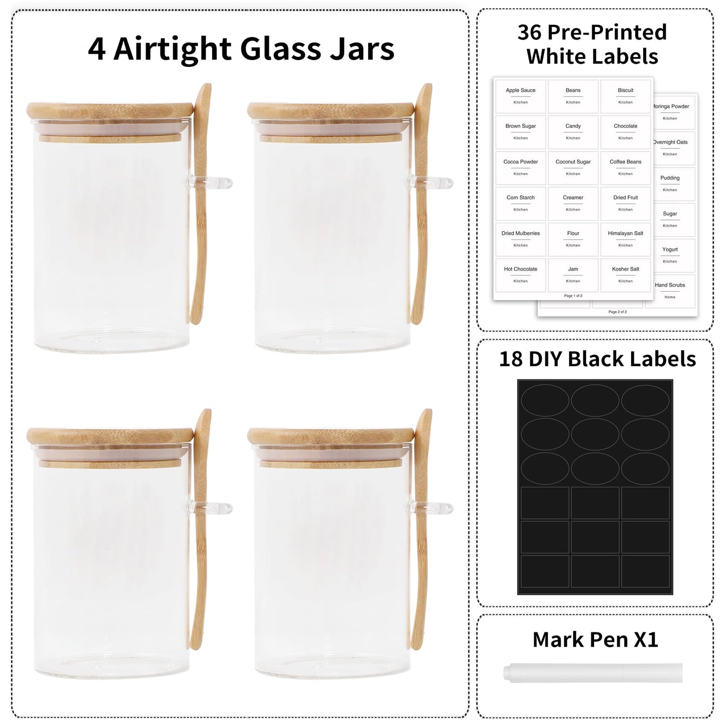 TIPGO Sugar Jar Bath Salt Container – 17 oz Glass Jar with Bamboo Lid and Spoon, Sugar Cube Holder and Canister for Countertop, Glass Containers for Coffee Beans, Tea and Overnight Oats (4 Pack)