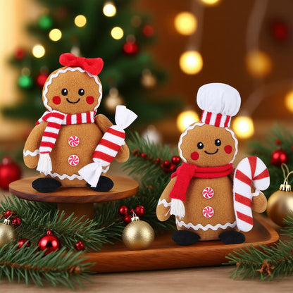 BWFY Christmas Gingerbread Man Plush Toys Set of 2, Festive Gingerbread Couple Stuffed Animals with Candy Props, Xmas Decorations & Gifts, Christmas Holiday Home Decor