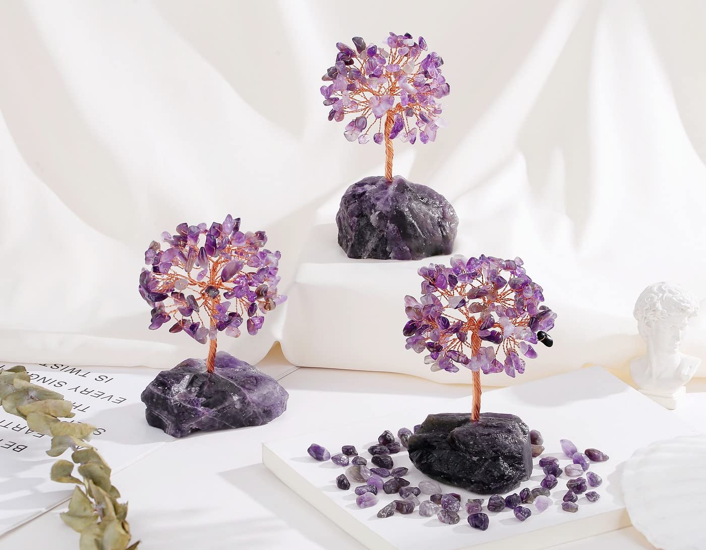 QINJIEJIE Bundle of Amethyst Crystal Tree and Guardian Angel Gemstone Decor Statue Polished Crystal Natural Reiki Gemstone Tree Life Stone Base Copper Wire Office Desk Room Home Decor Gift