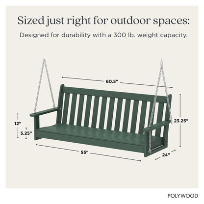 POLYWOOD Vineyard 5-Foot Porch Swing, Heavy Duty HDPE Outdoor Hanging Bench, Patio Swing for Adults Kids, Deck Garden Furniture, Green