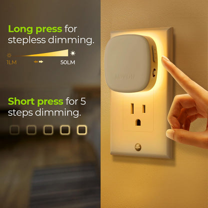 AUVON Plug-in LED Backlit Night Light with Motion Sensor & Dusk to Dawn Sensor, Dimmable Amber Nightlight with 1-50 lm Adjustable Brightness for Bedroom, Bathroom, Stairs, Hallway (4 Pack)