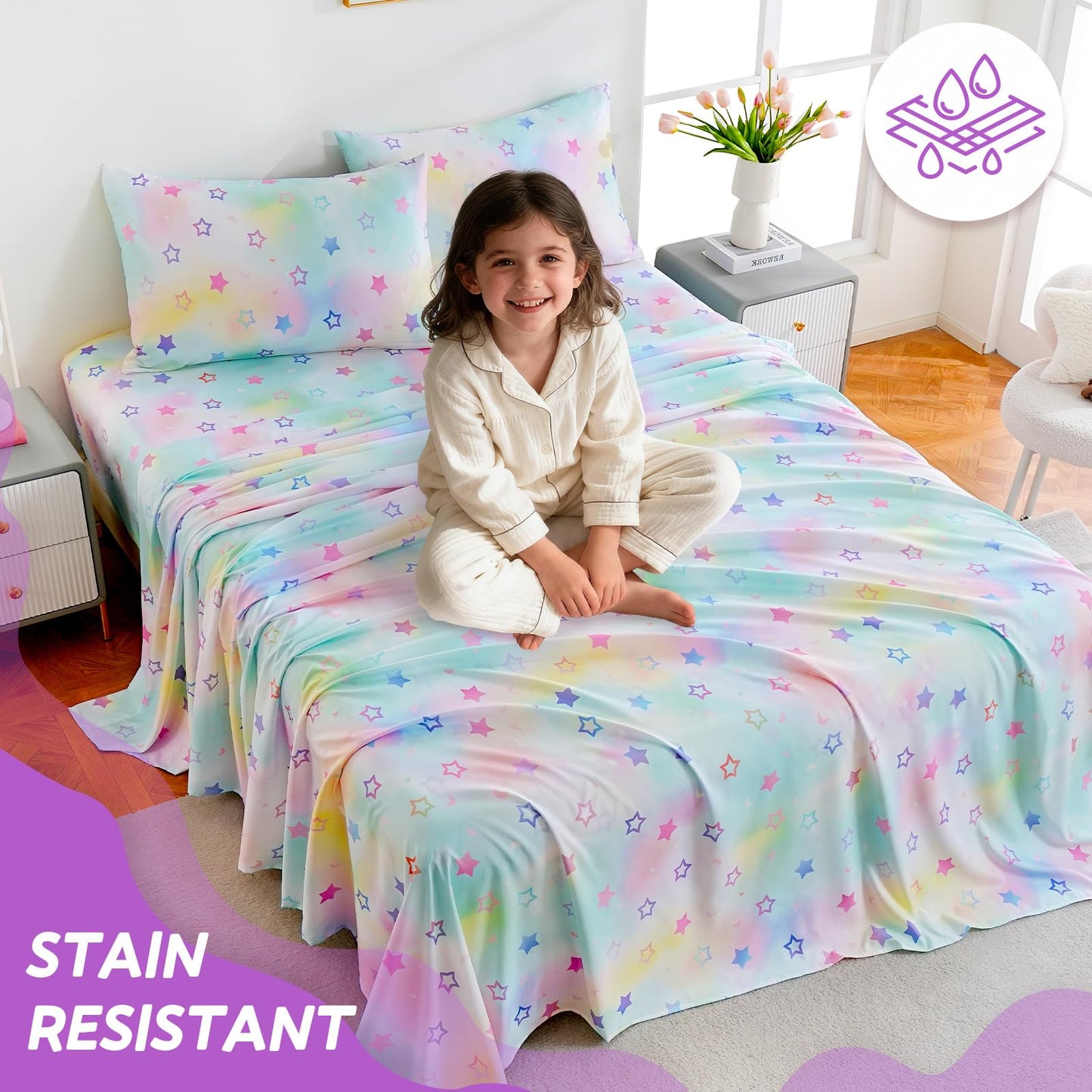 ChicView Full Sheet Set Kids,4 Pieces Breathable Soft Microfiber Bedsheets for Child Boys Girls, Anti Pilling Deep Pockets Easy Care Bed Sheets, Stars