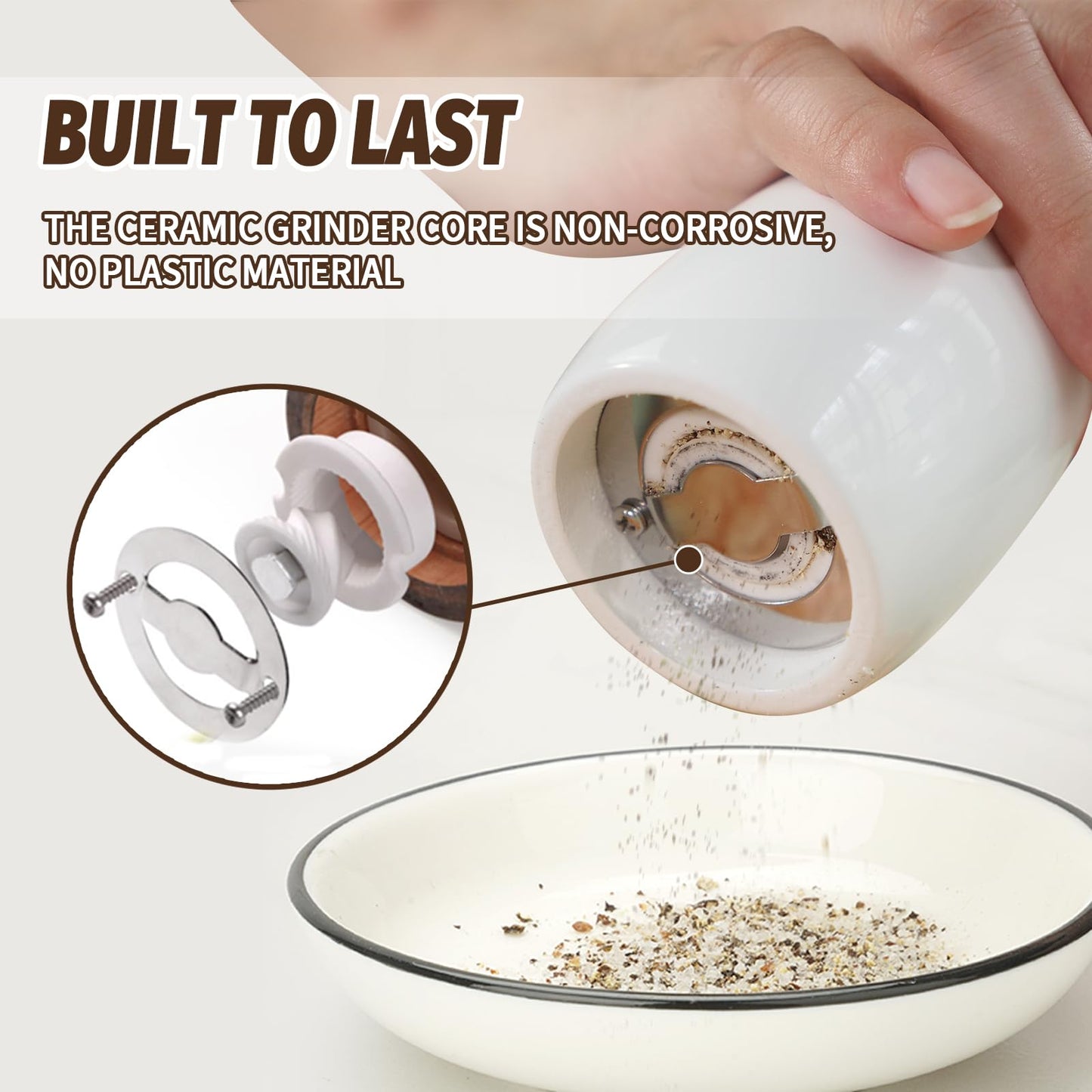 SHIKORI Manual Wooden Salt and Pepper Mills Shakers, 6.5 inch Salt and Pepper Grinders Set,Ceramic Rotor with Strong Adjustable Coarseness-White-2Pcs