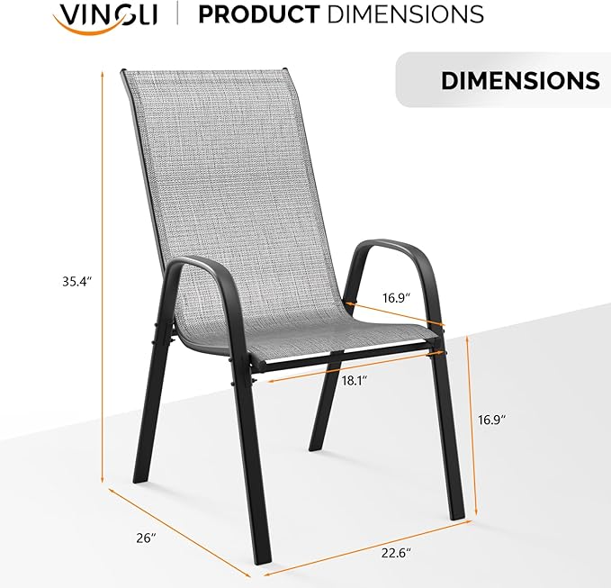VINGLI Patio Chairs Set of 4 – Stackable Outdoor Dining Chairs with Comfortable Sling High Back Chairs and Armrests for Lawn, Poolside, Courtyard, Balcony, Garden, Silver Gray