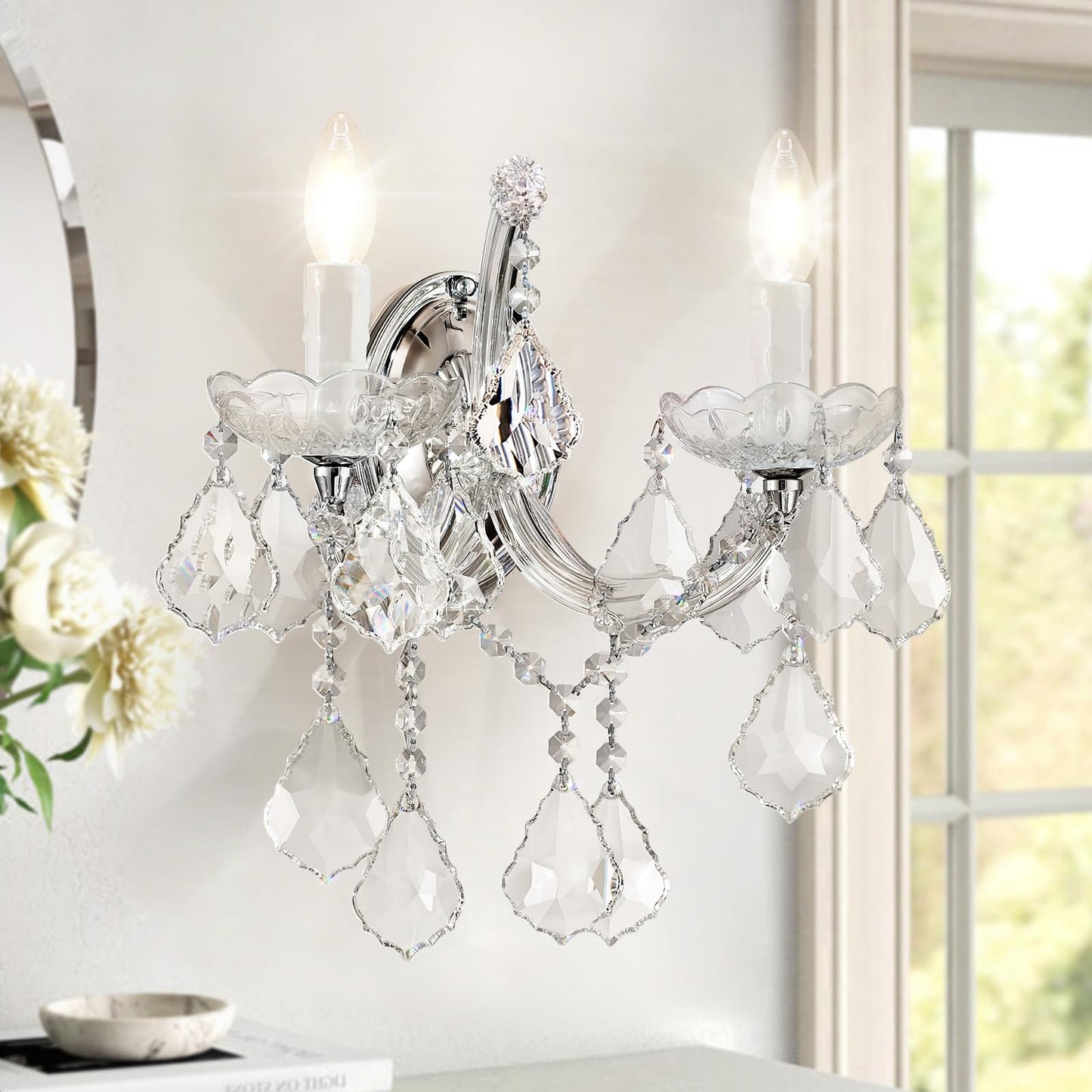Crystal Wall Sconce Lighting, 2-Light Modern Crystal Wall Light Fixture Bathroom Maria Theresa Wall Lamp Light Fixtures Chrome Wall Sconce Light Wall Mounted Lamp for Living Room,Bedroom,Indoor