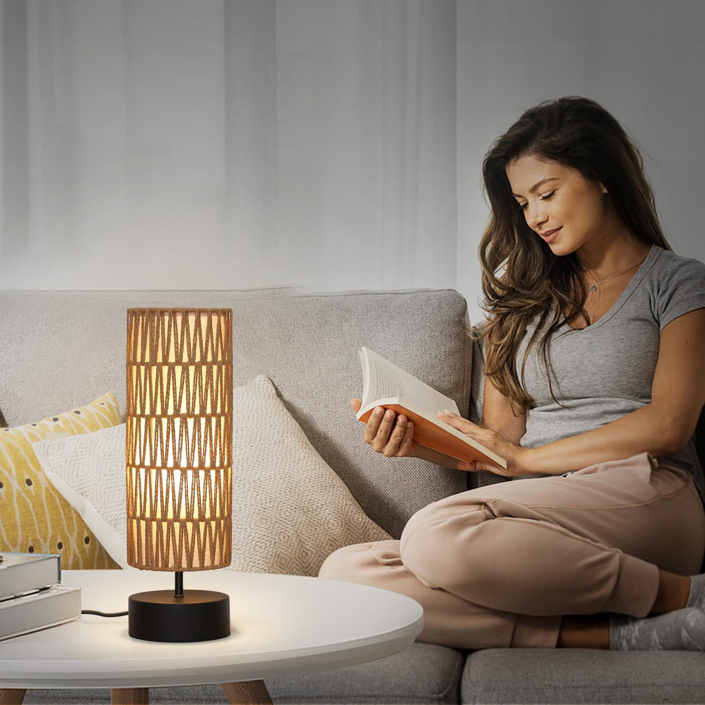 Rattan Table Lamp, Touch Control Bedside Table Lamp with Black Base, 3 Way Dimmable Nightstand Lamp with Dual-layer Shade, Boho Night Light for Bedroom Living Room Home Office, 9W LED Bulb Included