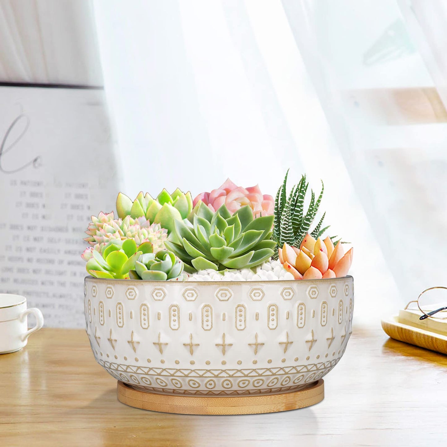 Fivepot 8 Inch Ceramic Succulent Planter Pots with Drainage Hole Flower Pot for Indoor Plants Round Shallow Bonsai Pot with Bamboo Tray White