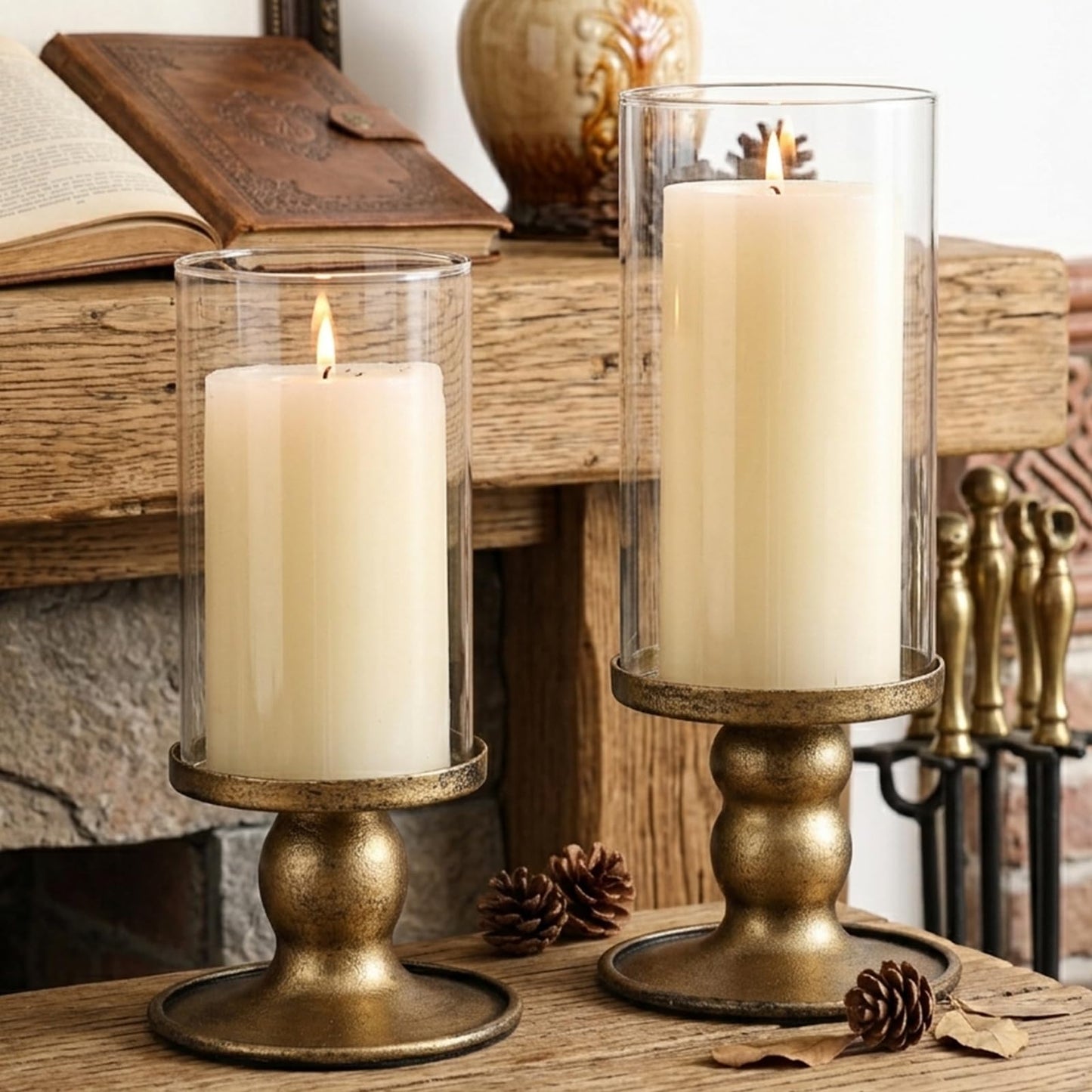 NITIME 2pcs Hurricane Candle Holder for Pillar Candles, Antique Brass Iron Candle Holders with Clear Glass Sleeve for Table Centerpieces, Pillar Candle Holders for Home, Wedding Decor