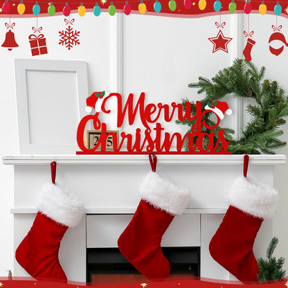 Realspring Merry Christmas Metal Sign Red Christmas Table Decoration Xmas Tiered Tray Decor Freestanding Metal Word Sign with Wooden Base for Xmas Home Tabletop Centerpiece Mantel Fireplace
