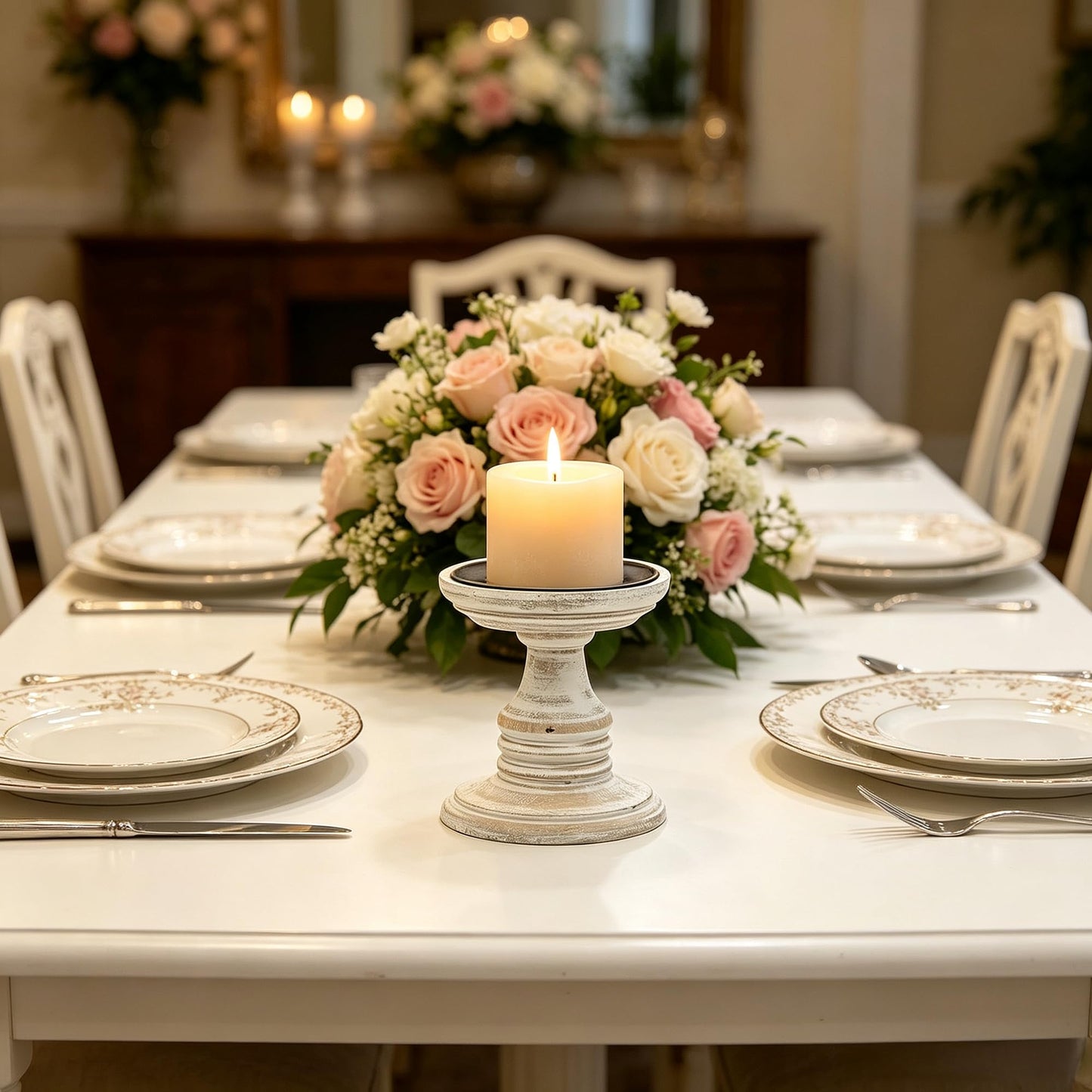 Hosley's Set of 2 White Wood Pillar Holders - 5" High. Ideal Gift for Weddings, Special Occasion, Spa, Aromatherapy Settings, Candle Gardens W1