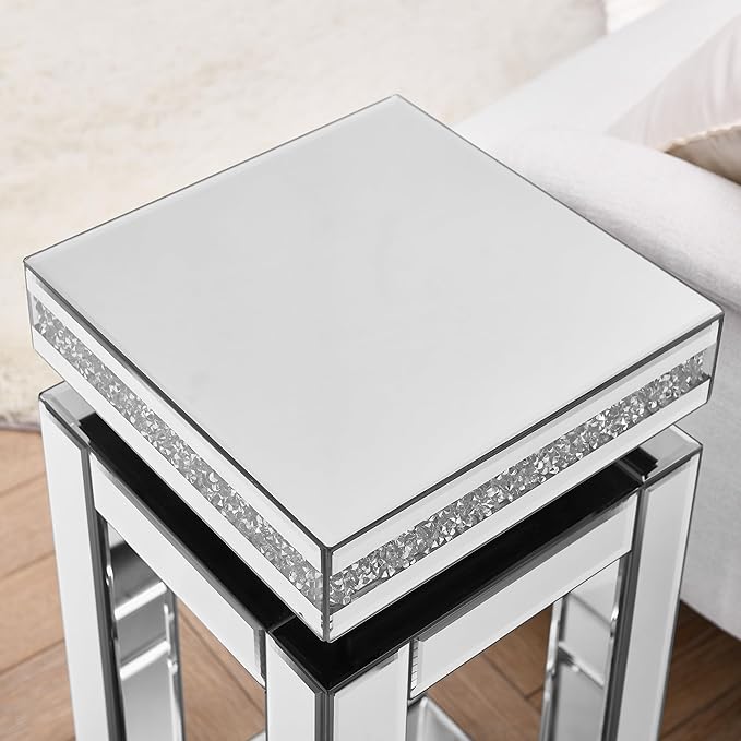 Mirrored End Table Square with Crystals, 2-Tier Modern Small Sofa Table with