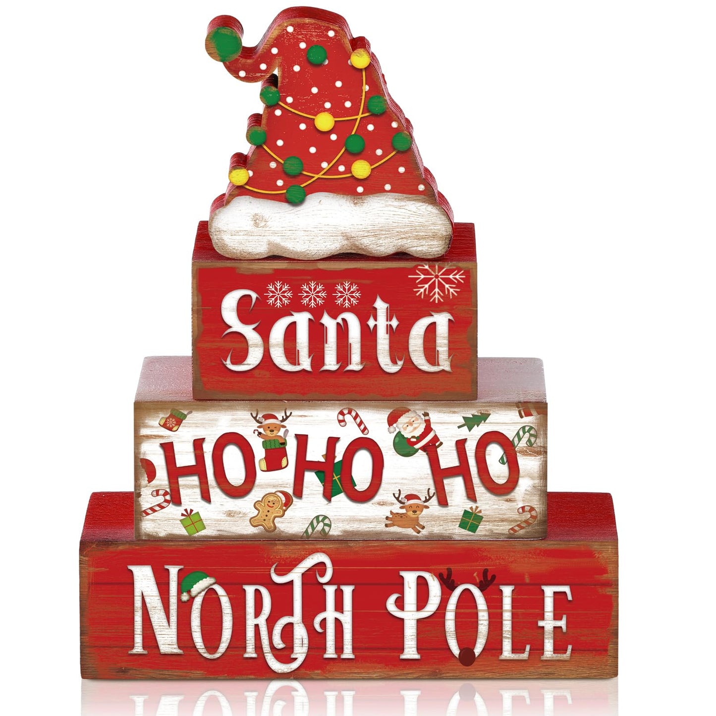 Moucuny 4 Pcs Christmas Table Sign Christmas Hat Wooden Decorative Signage Xmas Tiered Tray Decor Winter Centerpieces Farmhouse Wooden Block Set Xmas Table Sign for Home