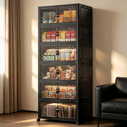 FoldTrend 6-Tier Foldable Storage Cabinet with Wheels & Lid, 291QT Extra Large Stackable Organizer, No Tool Required, Storage Cabinet for Garage, Home Office, Pantry, Kitchen, Dorm