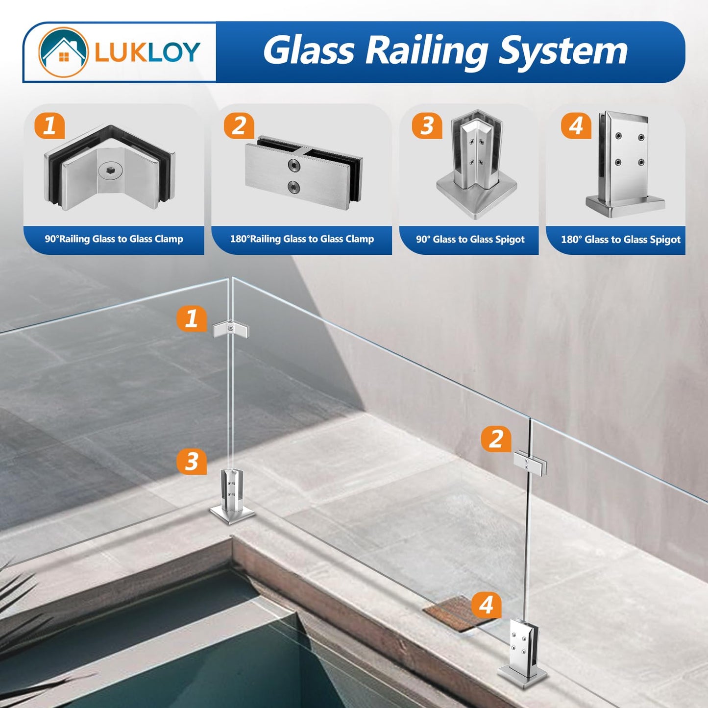 LukLoy 304 Stainless Steel Glass Spigot - Heavy Duty Railing Clamp for Home, Garden, Stairs, Balustrade, Balcony - 1.4KG NW Glass Floor Clamp (4, 180 Degree)