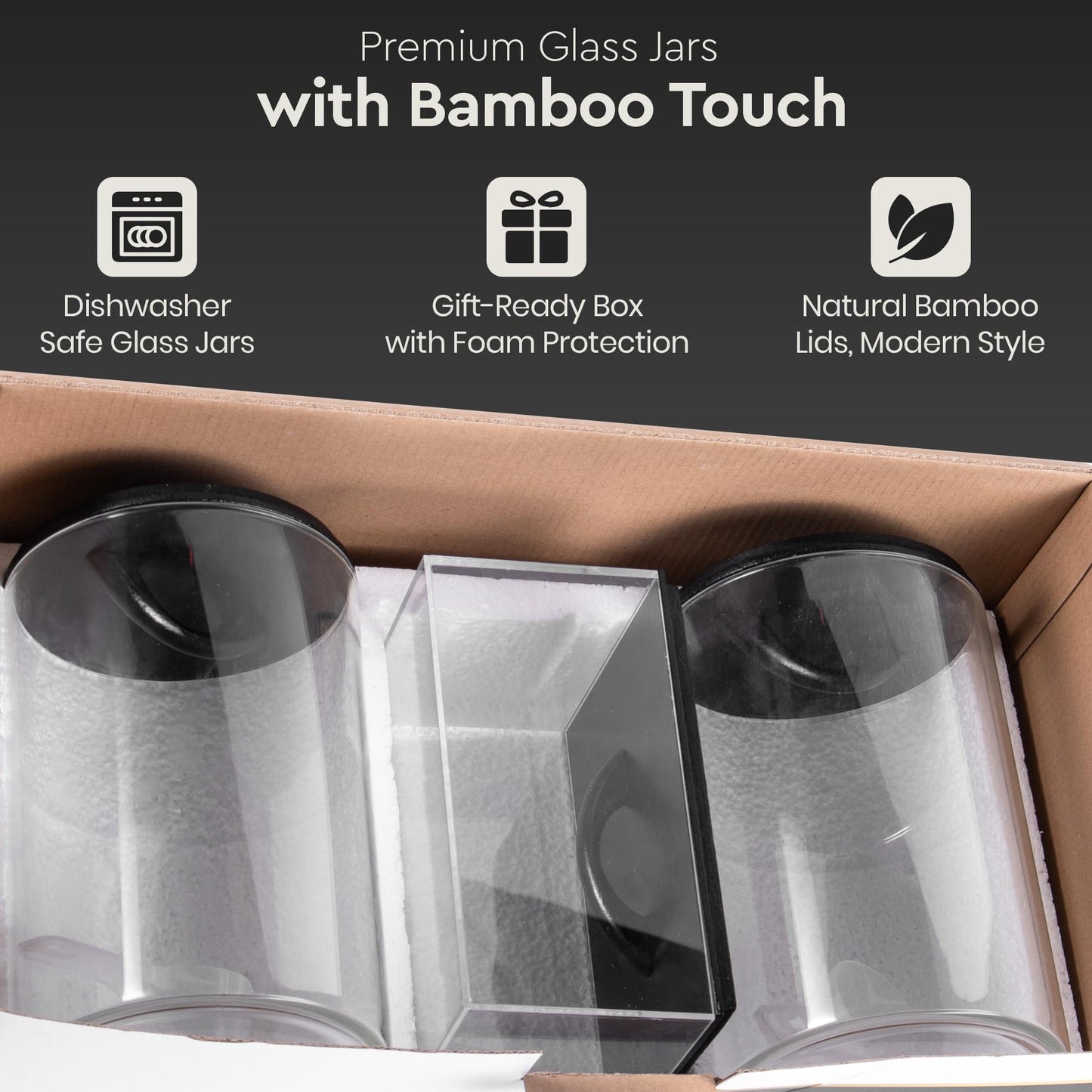 Laundry Pod Storage Container Set | Two 3L Glass Jars & One Acrylic Dryer Sheet Container with Bamboo Lids – Includes 2 Scoops, 60 Waterproof Laundry Labels – Dishwasher Safe