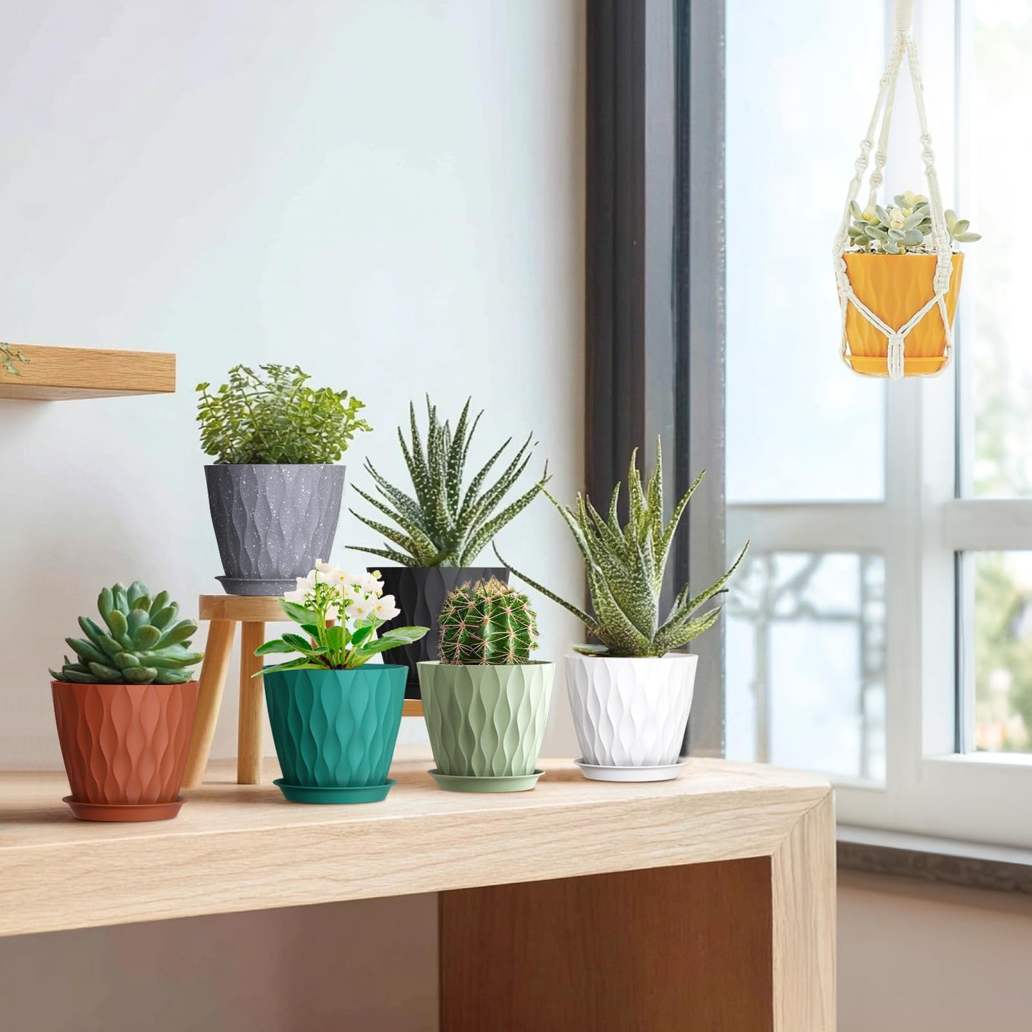 Meowell 5 inch Plant Pots for Indoor Outdoor Plants, 6 Pack Thick Nursery Pots with Drainage Holes and Saucers, 3D Modern Wave Texture Small Plastic Planter Flower Pots for Succulent, Herb, White